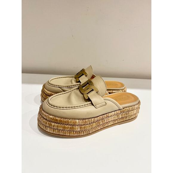 Tods Kate Leather/Raffia Slip On Platform Mules Slippers Natural Women's EU 38 - Picture 4 of 9